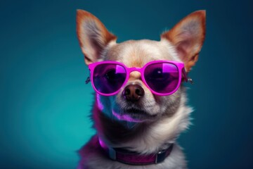 Funny cute dog in sunglasses with happy emotion. AI generated, human enhanced