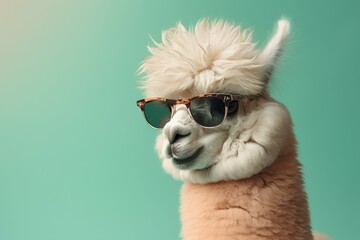 Naklejka premium Funny cute alpaca in sunglasses with happy emotion. AI generated, human enhanced