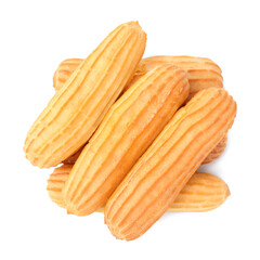 Many fresh delicious eclairs isolated on white, top view