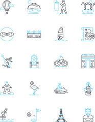 Voyage linear icons set. Expedition, Cruise, Journey, Adventure, Trek, Odyssey, Safari line vector and concept signs. Expeditionary,Excursion,Tour outline illustrations