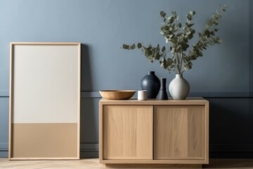 Mockup of a modern minimalist interior. Greyish blue. AI generated, human enhanced