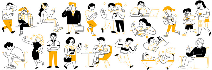 Cute character illustration doodle style of many people using smartphone in various activities, poses, ages, career. Outline, thin line art, hand drawn sketch design, simple style.