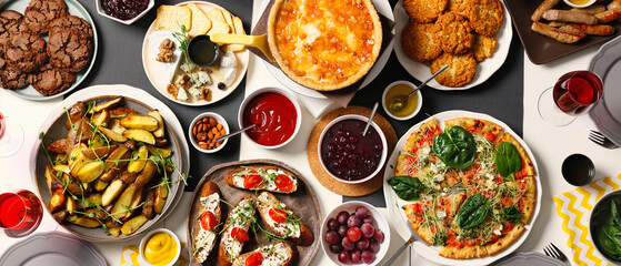 Different tasty food for brunch on table, flat lay. Banner design