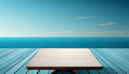 A wooden board table with an empty spot is in front of a blue sky background, Generative AI