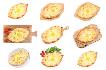 Collage with tasty Adjarian khachapuris on white background