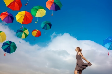 Freedom and fun concept with woman and umbrellas flying above her. High quality generative ai