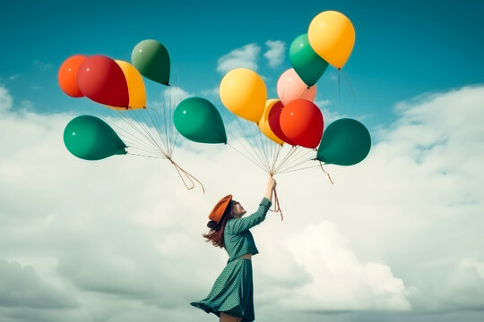 Girl in green dress holding bunch balloons and letting go another bunch. Freedom and fun concept. High quality generative ai