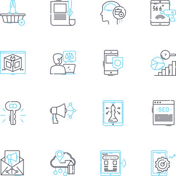 Big data linear icons set. Analytics, Insights, Hadoop, Algorithms, Visualization, Processing, Mining line vector and concept signs. Integration,Management,Accuracy outline illustrations