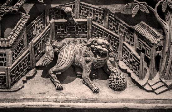 A wooden qilin pattern on ancient Chinese furniture