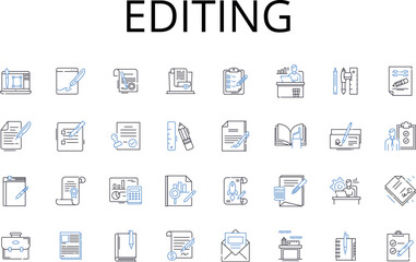 Editing line icons collection. Proofreading, Reviewing, Touch-up, Polishing, Revising, Refining, Correcting vector and linear illustration. Scrutinizing,Improving,Redrafting outline signs set