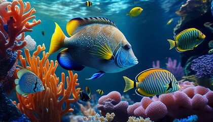 Fototapeta na wymiar Coral reef in the sea, colorful fish in the underwater realm ecosystem, Generative AI