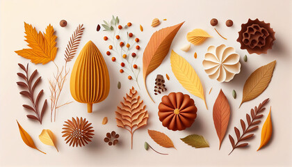 Autumn leaves and acorns, white background with autumn leaves, Generative AI