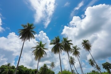 Fototapeta na wymiar Beautiful tropical nature with coconut palm tree on blue sky and white cloud. Generative AI