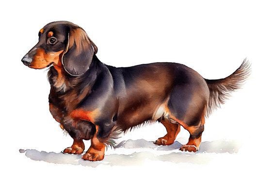Dachshund is a short-legged, long-bodied, hound-type dog breed. Watercolor realistic illustration on a white background. Pet animals images. Generative AI.