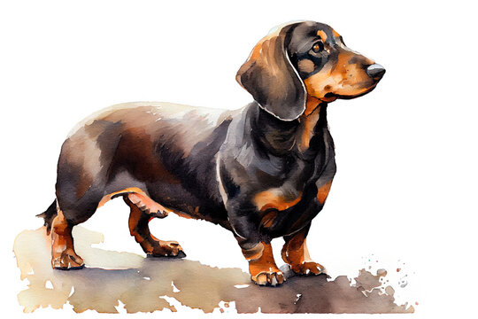 Dachshund, also known as the wiener dog. Watercolor realistic illustration on a white background. Pet animals images. Generative AI.