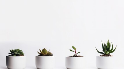 Four little pot plants with succulents over white background with copy space. Generative AI
