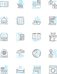 Hospitality trade linear icons set. Accommodation, Service, Hospitality, Tourism, Travel, Reception, Lodging line vector and concept signs. Amenities,Concierge,Restaurant outline illustrations