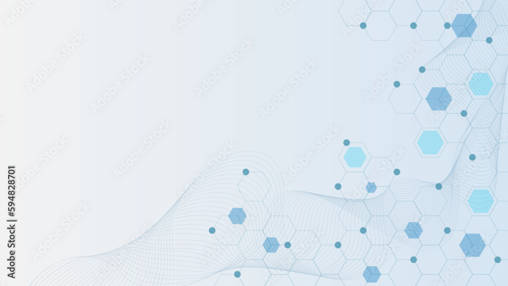 Poster abstract hexagonal with particles and wave flow for medical concept background design.
