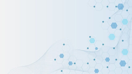 Abstract hexagonal with particles and wave flow for medical concept background design.
