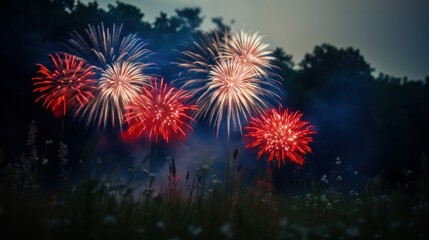 Sparkling fireworks in red white and blue with grass and flowers. Generative AI. 