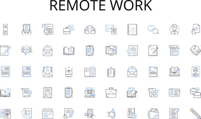 Remote work line icons collection. Creativity, Strategy, Branding, Design, Advertising, Innovation, Marketing vector and linear illustration. Identity,Vision,Storytelling outline signs set