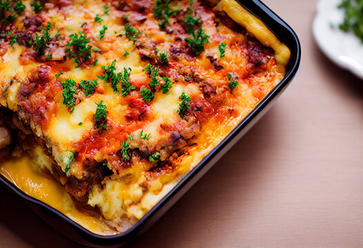 moussaka traditional Greek dish, casserole prepared on the basis of eggplant, tomatoes and minced meat, generative AI