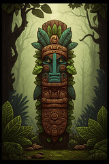 2D flat Mayan totem plank 2D forest background,Generative AI
