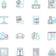 Furnishing industry linear icons set. Upholstery, Fabrics, Decor, Design, Lighting, Tables, Chairs line vector and concept signs. Sofas,Cabinets,Accessories outline illustrations