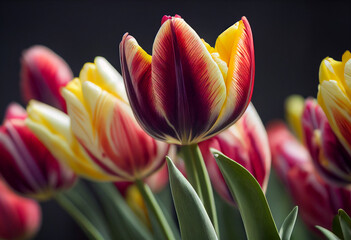 beautiful two-tone pink and white tulips in a tulip plantation, generative AI