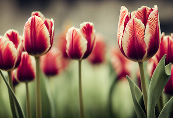 beautiful two-tone pink and white tulips in a tulip plantation, generative AI