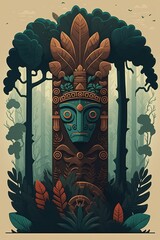 2D flat Mayan totem plank forest background,Generative AI