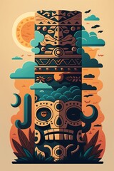 2D flat Mayan totem plank sky background,Generative AI