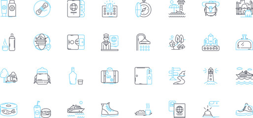 Adventure excursion linear icons set. Expedition, Trek, Safari, Journey, Odyssey, Voyage, Quest line vector and concept signs. Explore,Discover,Adrenaline outline illustrations