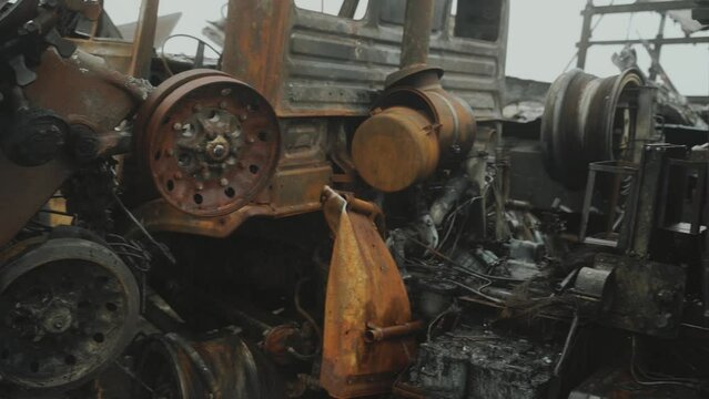 Cemetery of russian technology. Destroyed burnt russian military equipment