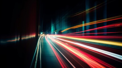 Abstract long exposure dynamic speed light trails in an urban environment. Generative AI