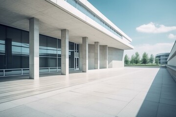 Modern architecture exterior of public hall entrance in urban building outdoor under bright sky with cement path pavement. Peculiar AI generative image. Generative AI