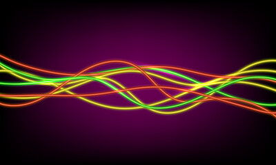 Abstract colorful neon wave gradient with line glowing on dark background. Futuristic creative shine backdrop. 3d render. Curved fantastic blend wavy lines geometric equalizer. Vector illustration.