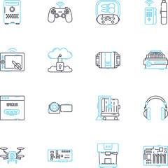 Electronic workplaces linear icons set. Digitized, Automated, Electronically-connected, Streamlined, Cybernetic, Efficient, Smart line vector and concept signs. Integrated,High-tech,Computerized