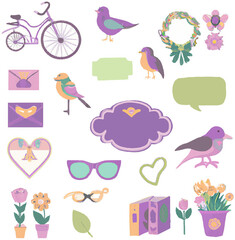 Naklejka premium Vintage stickers, birds, bicycles, letters, sunglasses, hearts, books, potted plants. Ai