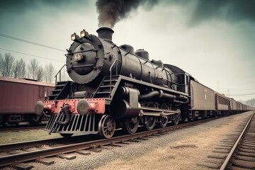 Fototapeta na wymiar vintage steam locomotive pulls cargo train loaded with heavy cargo. Generative AI