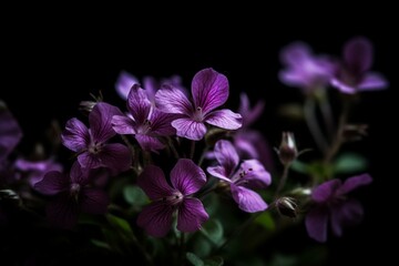 Fototapeta na wymiar purple flowers on black background, spring. Generative AI