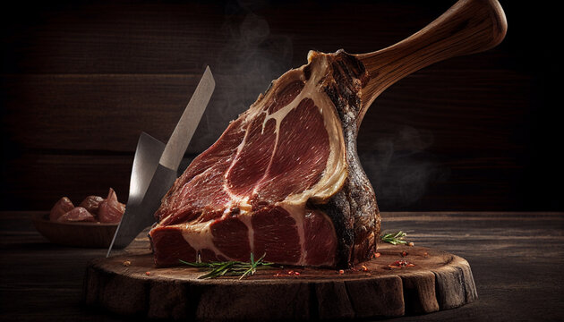 Tomahawk steak being chopped by a butcher on an ancient wooden background, Generative AI