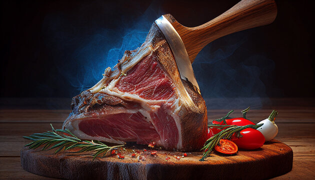 Tomahawk steak being chopped by a butcher on an ancient wooden background, Generative AI