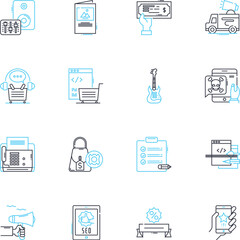 Media planning linear icons set. Strategy, Budget, Targeting, Research, Advertising, Demographics, Channels line vector and concept signs. Optimization,Metrics,Analytics outline illustrations