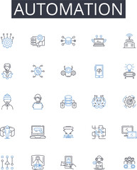 Automation line icons collection. Mechanization, Innovation, Modernization, Digitization, Computerization, Optimization, Streamlining vector and linear illustration. Rationalization,Standardization