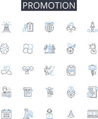 Promotion line icons collection. Advertisement, Marketing, Publicity, Exposure, Advancement, Propagation, Advocacy vector and linear illustration. Boost,Push,Branding outline signs set