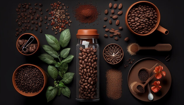 Coffee beans and coffee-making accessories on a dark background, Generative AI