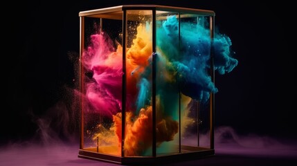 Colourful powder explosion in a cage, studio light, colourful smoke, black background. Generative AI