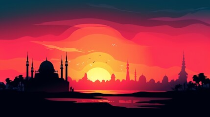 Obraz premium A tranquil mosque silhouette in the early hours of dawn.