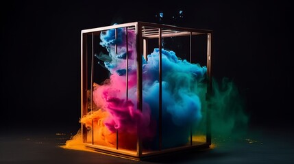 Colourful powder explosion in a cage, studio light, colourful smoke, black background. Generative AI